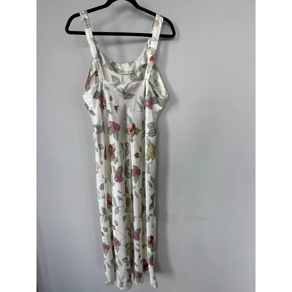 Vintage Floral Satin Slip Dress XL Cream Rose‎ Print Ruffle Back Midi Dress